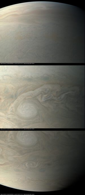 Jupiter z JUNO během perijovu 4 v přibližně pravých barvách a kontrastu. NASA / JPL-Caltech / SwRI / MSSS / Björn Jónsson