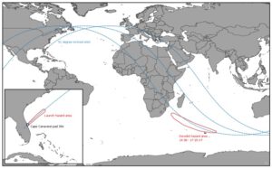 Predštartovné odhady dráhy zo zverejnených varovaní pre dopadové oblasti stupňov rakety Falcon-9