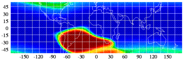 Vizualizace Jihoatlantické anomálie z dat družice ROSAT.