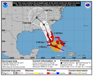 Model očekávaného pohybu hurikánu Irma. Sobota 9. září dopoledne našeho času.