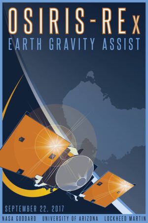 Plakát připomínající průlet sondy OSIRIS-REx kolem Země