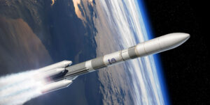 Vizualizace startu rakety Ariane 64 (čtyřka značí čtyři urychlovací motory na tuhá paliva).