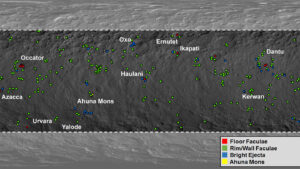 Rozmístění známých skvrn na Ceres včetně jejich dělení do čtyř kategorií
