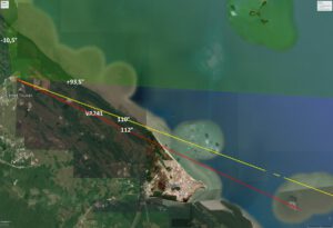 Zeleně je vyznačen střelecký prostor z kosmodromu v Kourou - raketa však mířila mezi žlutou a červenou čáru.