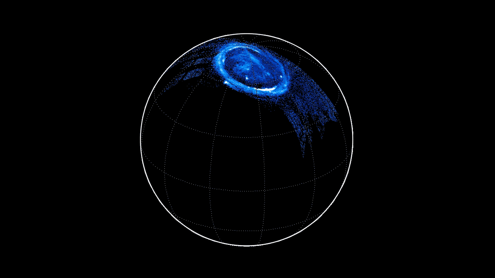 Rekonstrukce polární záře u severního pólu Jupiteru na základě měření přístroje Juno Ultraviolet Imaging Spectrograph. Data se podařilo nasbírat 11. prosince 2016 při průletu kolem pólů.
