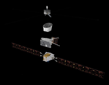 Základní díly tvořící sestavu BepiColombo odshora: Mercury Magnetospheric Orbiter, sluneční štít, Mercury Planetary Orbiter, Mercury Transfer Module.