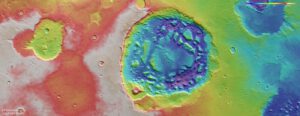 Aktuální vědecká práce Mars Express. Totpografická mapa velkého kráteru na Marsu, který možná není kráterem, ale supervulkánem