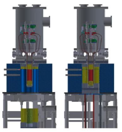 Schéma prototypu reaktoru Kilopower při experimentu KRUSTY. Žlutě je označen beryliový reflektor neutronů, kterým lze ovládat výkon reaktoru. Vlevo je mimo aktivní zónu při vypnutí reaktoru, vpravo pak zasunut okolo aktivní zóny a při testech jeho plného výkonu s využitím kontrolní tyče k regulaciZdroj: M A. Gibson et al, Report NASA
