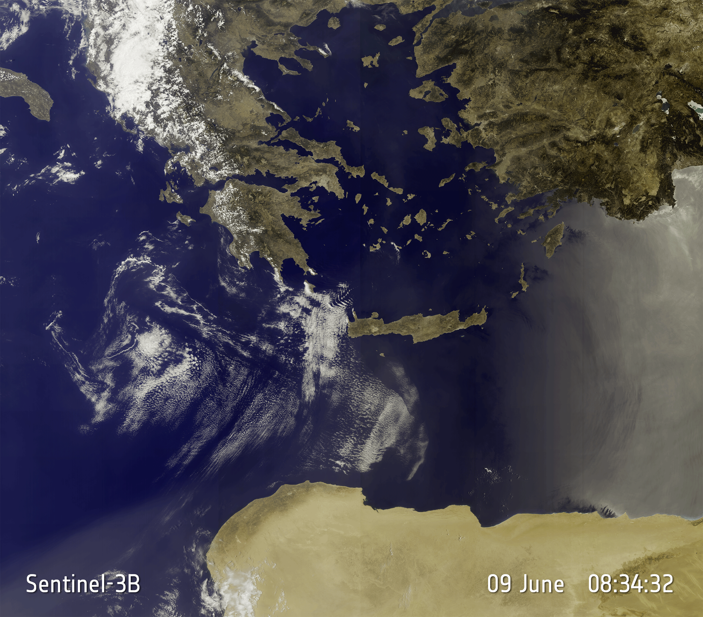 Porovnání snímků Řecka a okolí z družic Sentinel 3A a Sentinel 3B.