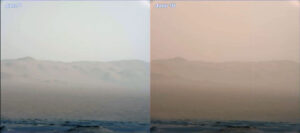 Rozdíl v průhlednosti atmosféry na snímcích roveru Curiosity. Snímky byly barevně upraveny, aby lépe vynikly detaily.