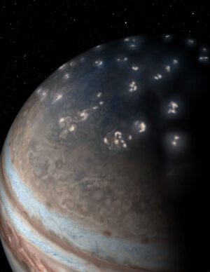 Toto není skutečná fotka. Zákaldem je snímek z kamery JunoCam, ale blesky dokreslil až pozemský umělec. Cílem tohoto obrázku je ukázat, že většina blesků je na Jupiteru v okolí pólů.