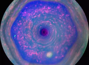 Saturnův polární hexagon v infračerveném záření. Zdroj: NASA/JPL-Caltech/Space Science Institute