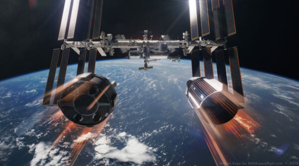 Starliner nebo Crew Dragon - kdo z nich vyhraje pomyslný závod o dopravu astronautů na ISS? Tento obrázek od Nathaniela Kogy je samozřejmě jen umělecká vizualizace s nadsázkou - reálně k podobné scéně nikdy nedojde.