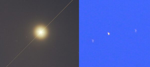 Dva pohledy na přelet ISS přes Venuši. Vlevo teleobjektivem 19. 4. 2007, vpravo přes dalekohled ve dne 28. 4. 2012