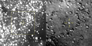 Složený snímek ze 48 expozic s délkou 30 sekund pořízených 16. srpna 2018. Vpravo je detailní výřez, který vznikl odečtením hvězdného pole s pomocí snímku, který sonda pořídila v září 2017.