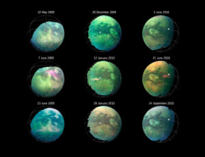 Snímky Titanu pořízené sondou Cassini při průletech v letech 2009 a 2010.