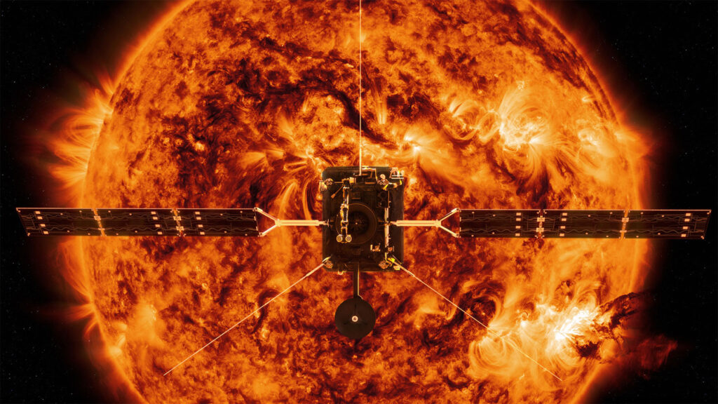 Vizualizace sondy Solar Orbiter u Slunce.