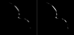 Jeden ze snímků pořízených při odletu od Ultima Thule - vlevo rozmazaný originální snímek, vpravo pak po zpracování na Zemi.