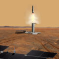 Vizualizace startu rakety se vzorky z povrchu Marsu.