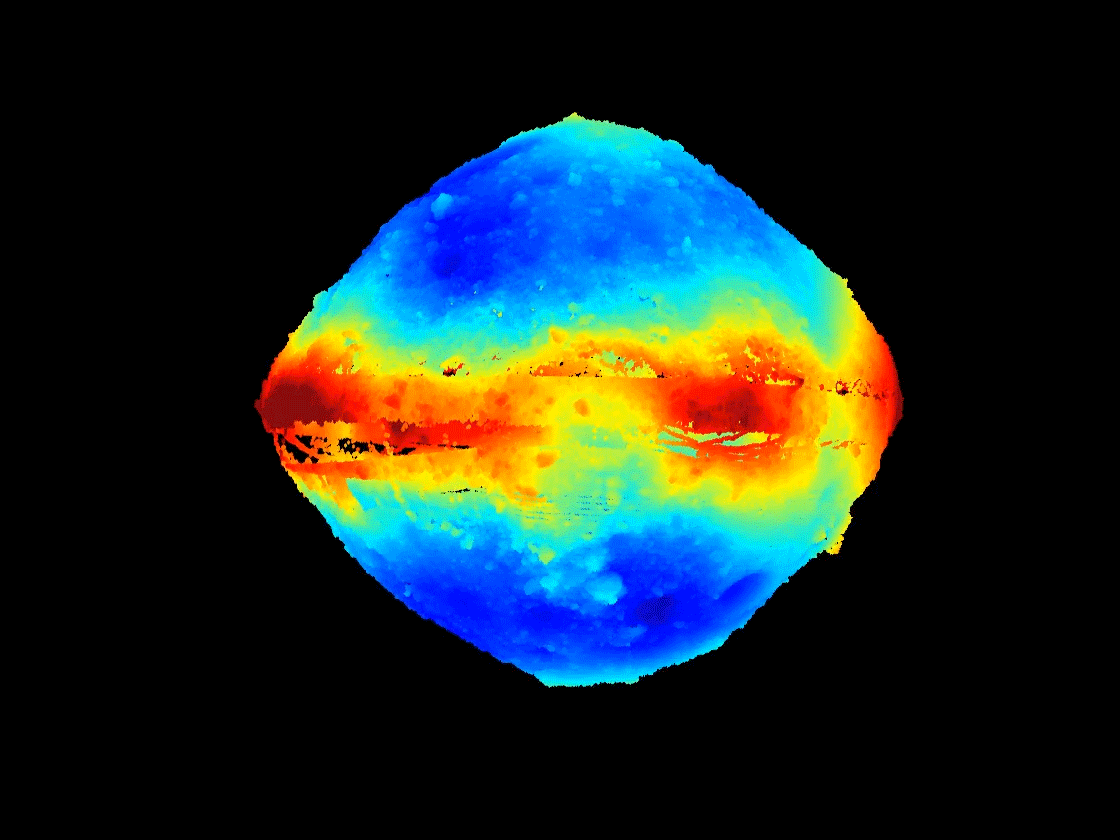 Hrubá topografická mapa povrchu planetky Bennu. Přístroj OLA k tomu potřeboval 11 milionů měření. Modré oblasti jsou zhruba o 60 metrů níže než ty červené.