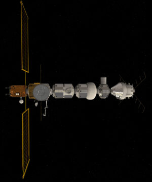 Vizualizace stanice Gateway s připojenou lodí Orion.