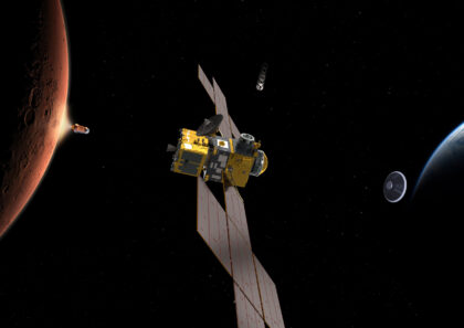 Umělecká představa mise pro návrat vzorků z Marsu, včetně americké rakety Mars Ascent Vehicle (vlevo), evropského sondy Earth Return Orbiter (uprostřed) a návratového pouzdra Earth Entry Vehicle poskytnutého NASA (vpravo).