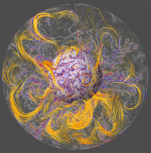 Simulace siločar magnetického pole Země a proudů roztaveného kovu v jádru planety.