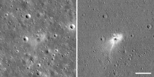 Na levém snímku je místo dopadu landeru Beresheet. Pravý snímek je upraven tak, aby na něm vynikly rozdíly mezi snímkem pořízeným před dopadem a po něm. Toto zvýraznění pomohlo spatřit světlé halo kolem místa dopadu. Oba snímky zachycují oblast širokou 490 metrů - čárka v pravém dolním rohu symbolizuje 100 metrů.
