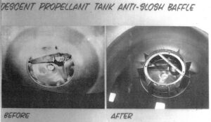 "Protišplouchací" přepážky v nádržích sestupového stupně lunárního modulu byly po zkušenostech Apolla 11 inovovány (Vlevo přepážka Apolla 11, 12 a 13, vpravo pak přepážky u misí 14 a dále)