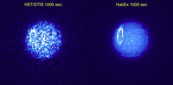 Teoretické možnosti srovnávající Hubbleův teleskop (vlevo) a HabEx (vpravo)
