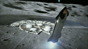 Vizualizace Starship přistávající u lunární základny.