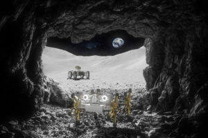 Vizualizace dvou spolupracujících roverů na povrchu Měsíce.