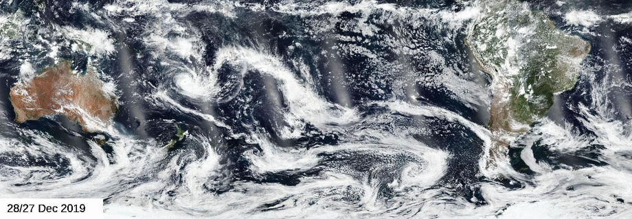 Animovaný gif zobrazující barevné snímky kouře z australských požárů zachycený přístrojem VIIRS na družici Suomi NPP.