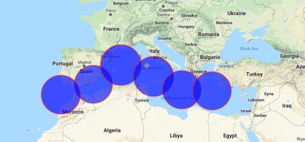 Ukázka pokrytí oblasti středomoří 6 platformami HAPS. 