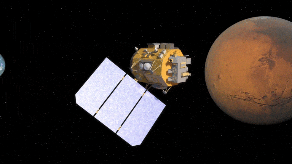 Umělecká představa retranslační družice pro přenos dat mezi Marsem a Zemí. Ve skutečnosti jsou samozřejmě obě planety výrazně dál.