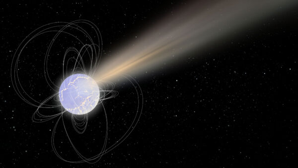 Umělecká představa magnetaru, který uvolňuje radiový záblesk.