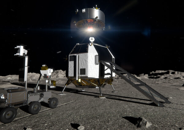 Umělecká představa startu vzletového modulu z landeru EL3.