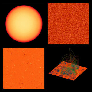 Data z přístroje PHI studují magnetická pole Slunce. V levém horním rohu vidímje snímek z 18. června 2020 - nyní je Slunce klidné. Snímek vlevo dole vznikl 28. května. Magnetogram pokrývá oblast o rozloze 200 000 × 200 000 km. Malé struktury jsou magenticky aktivní oblasti - v podstatě jejich severní a jižní póly. Vpravo dole vidíme vypočítané siločáry magnetického pole procházející do sluneční atmosféry odvozené z měření přístrojem EUI. A konečně v pravém horním rohu vidíme projevy této skvrny na slunečním povrchu.