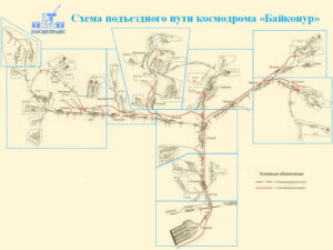 Mapa železniční sítě na kosmodromu Bajkonur.