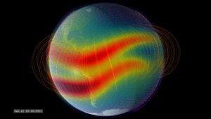 Vizualizace dat kombinující údaje z modelů iontů, výškového větru, zemského magnetického pole a dalších faktorů, které ovlivňují komplexní procesy v horních vrstvách atmosféry.
