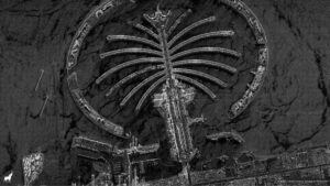 Radarový snímek umělého souostroví Palm Jumeirah v Dubaji pořízený družicí Sequoia.