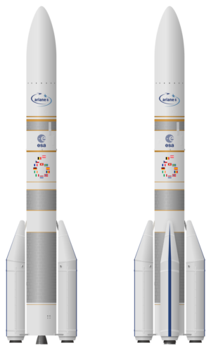 Vizualizace obou verzí raket Ariane 6 - se dvěma pomocnými urychlovacími stupni půjde o Ariane 62, se čtyřmi pak o Ariane 64.