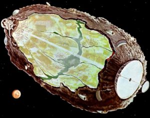 Utopická představa asteroidu postupně proměnného v lidskou kolonii. Obrázek vznikl na základě vize Dandridge M. Coleho.