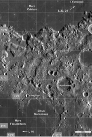 Místa přistání Luny 16, 20,23 a 24. Je krásně vidět, že Luny 16, 23 a 24 měly získat vzorky mořského regolitu z různých moří a Luna 20 pak regolit pevninský z oblasti mezi nimi (zdroj M. S. Robinson et al.)