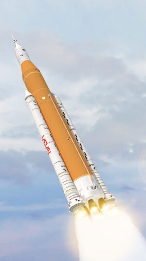 Vizualizace letící rakety SLS s kosmickou lodí Orion.