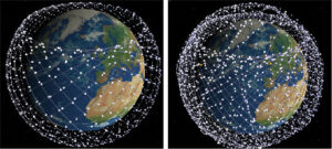 Starší vizualizace oběžných drah družic Starlink - vlevo vidíme družice pouze na dráze se sklonem cca 53°, na druhém pak i družice využívající polární oběžné dráhy.