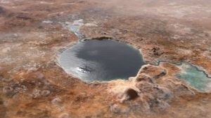 Umělecká rekonstrukce podoby kráteru Jezero v době existence jezera před několika miliardami let.
