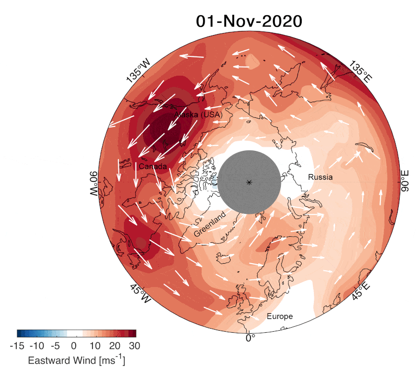 Animovaný gif složený z dat družice Aeolus mezi 1 prosincem 2020 a 1. únorem 2021. Na začátku prosince byl polární vítr v normě, ale od poloviny měsíce se začaly objevovat modré skvrny a vítr oproti standardní situaci nabral západní směr,