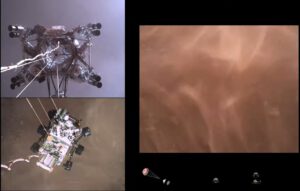 EDL Perseverance. Pohled ze tří kamer. Zdroj: NASA/JPL-Caltech