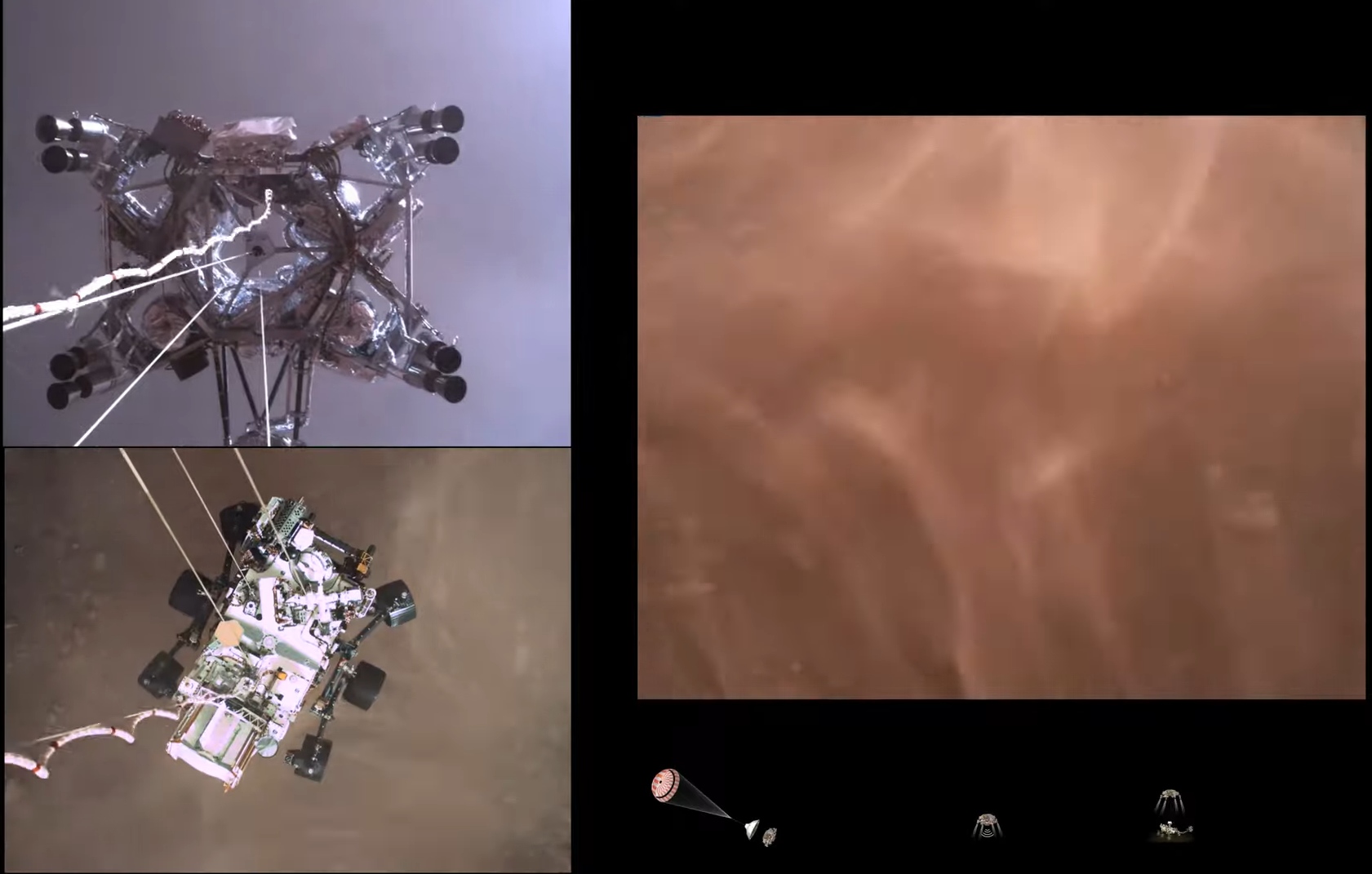 EDL Perseverance. Pohled ze tří kamer. Zdroj: NASA/JPL-Caltech